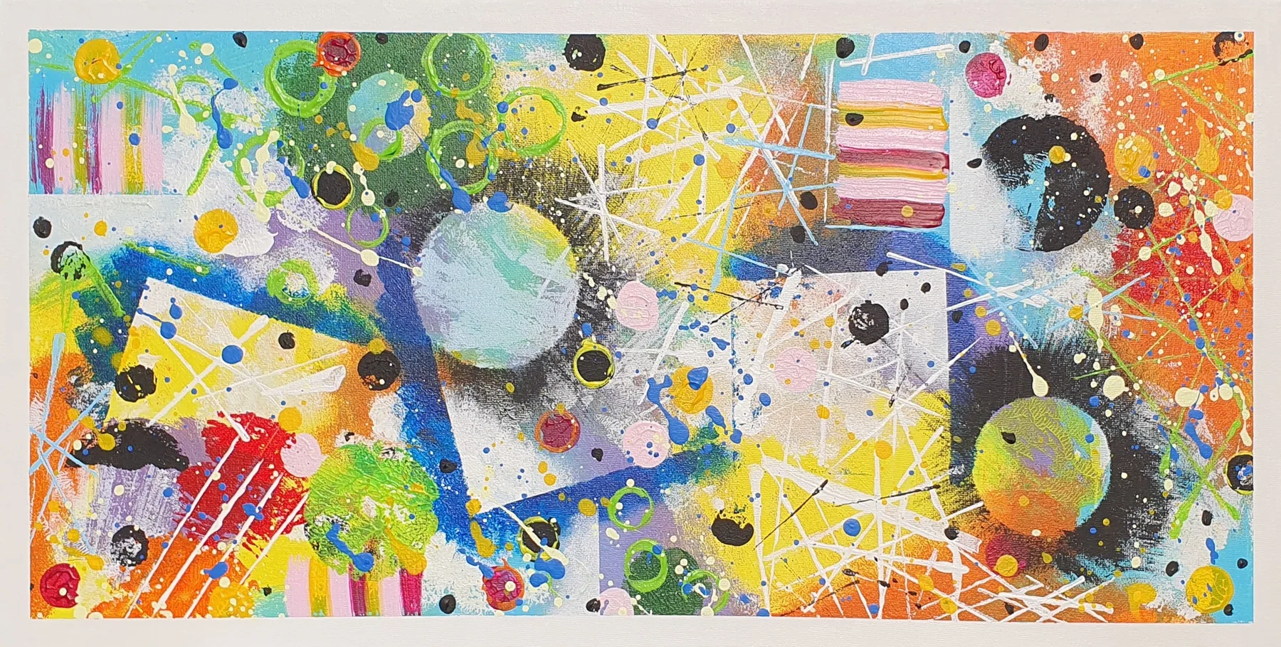 Acrylbild „Naomi Abstrakte Planeten“: bunte Kreise und Spritzer auf hellem Grund